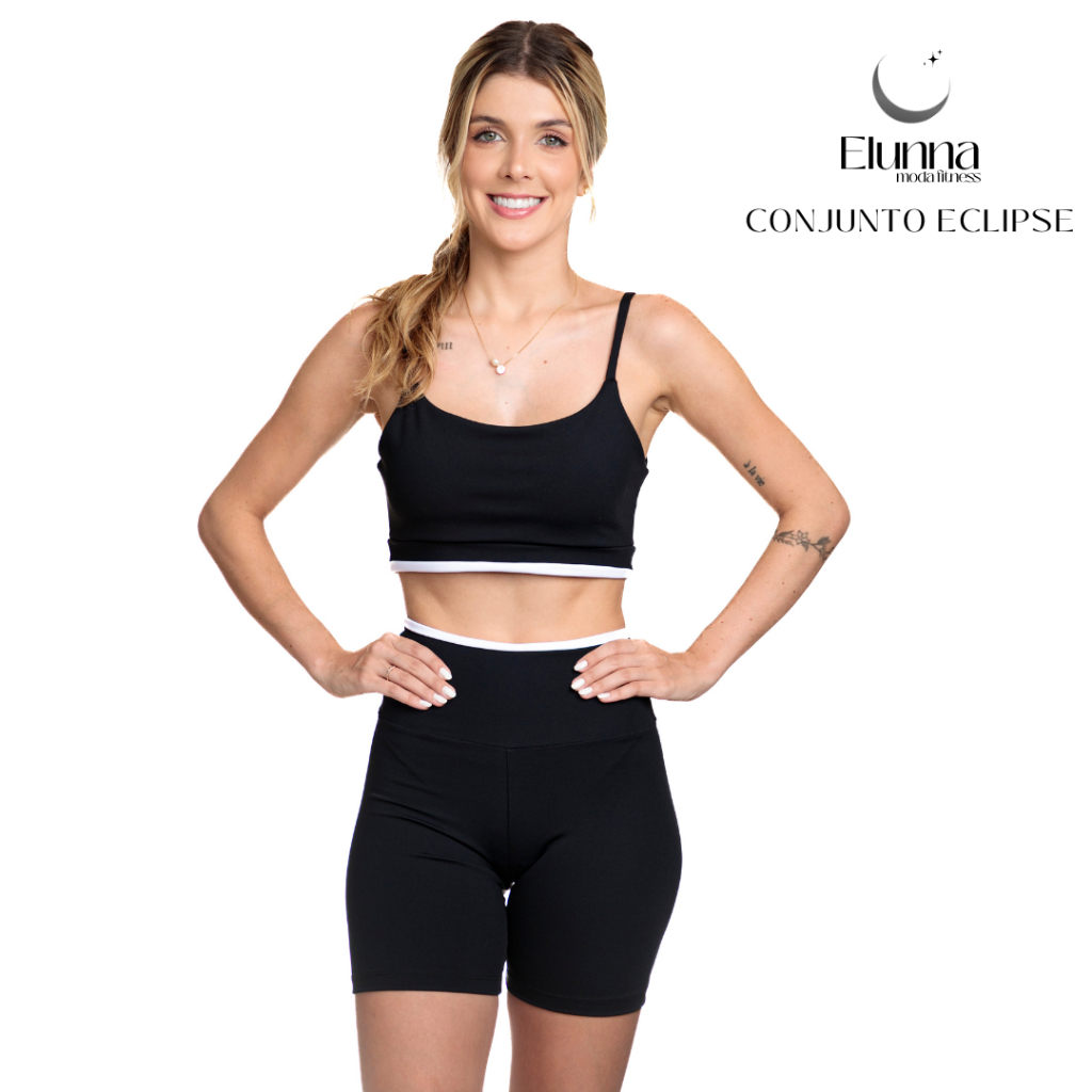 Conjunto Fitness Feminino Bicolor Poliamida Top Alça Fina e Shorts Cintura Alta Zero Transparência