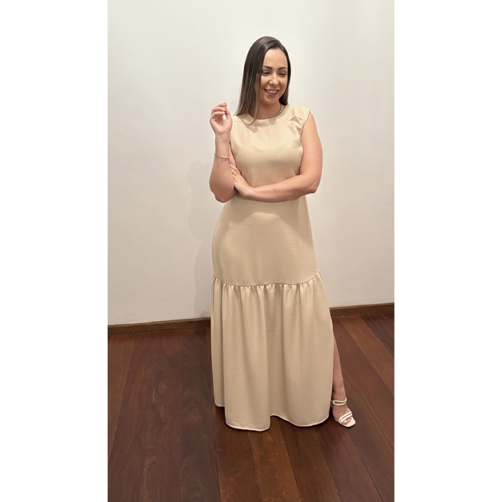 Vestido Feminino Midi em Viscolinho com Fenda lateral, Manga curta - Caimento Elegante e  Confortável