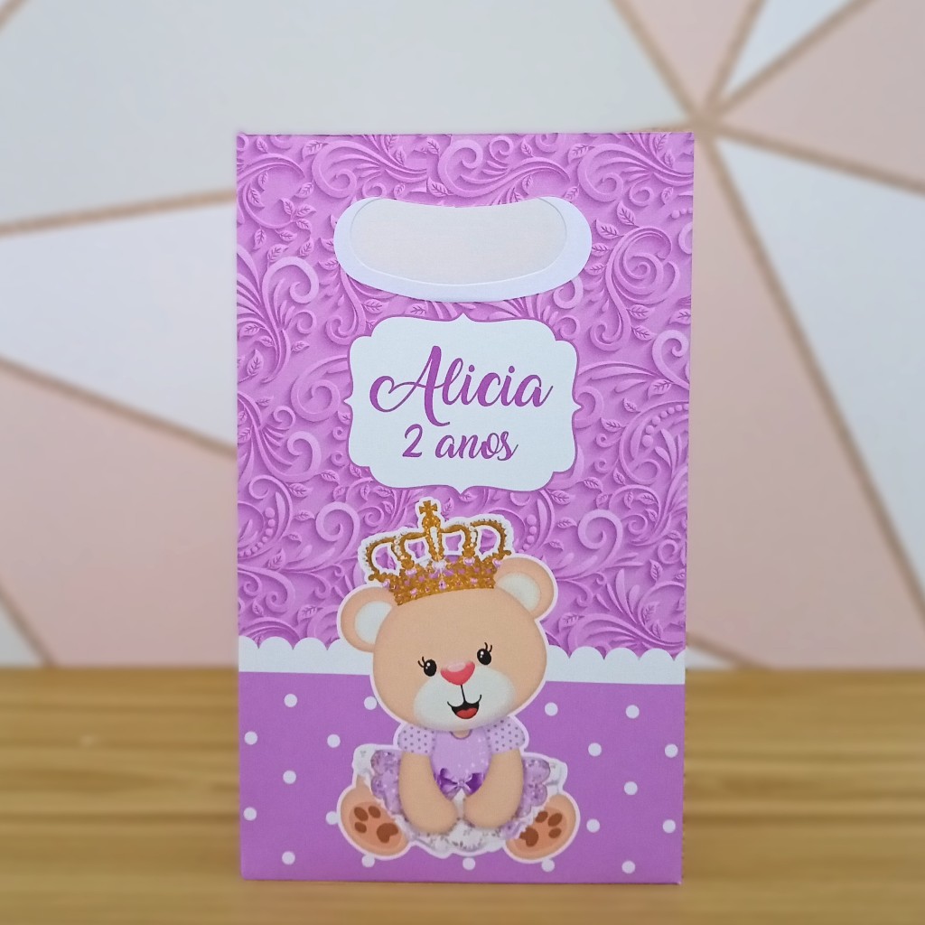 Sacolinha Personalizada Ursinha Princesa Lilás Chá de Bebê - Lembrancinhas para Festa