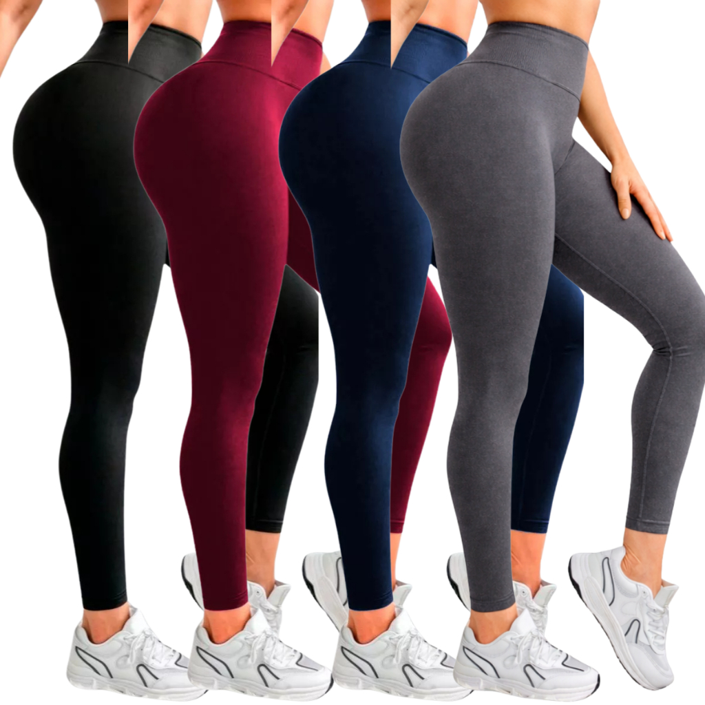 Kit 4 Leg Legging Básica Lisa Feminina FItness Preto Cinza Vinho e Azul Feminino Do P ao GG Suplex Cintuta Alta Academia