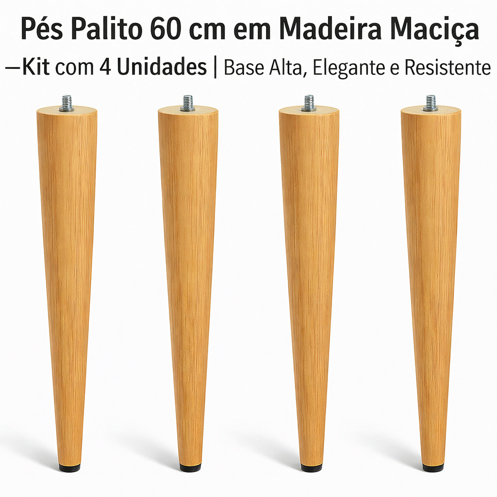 Pés Palito 60 cm em Madeira Maciça – Kit com 4 Unidades | Base Alta, Elegante e Resistente