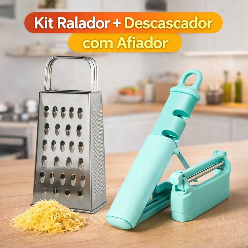 Kit Ralador + Descascador com Afiador, Ralador 4 Faces, Descascador de Legumes e Alimentos, 2x1