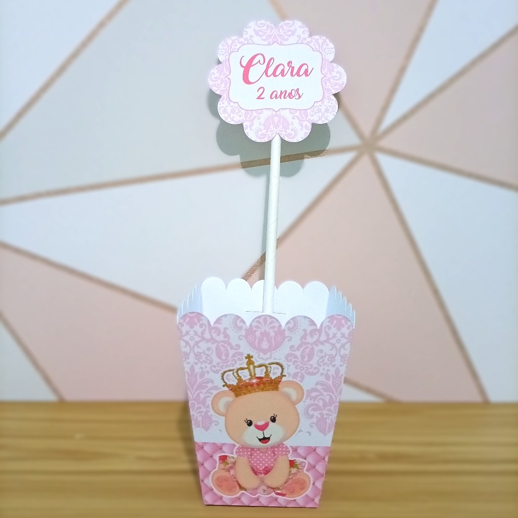 Centro de Mesa Ursinha Princesa Rosa Chá de Bebê Personalizado Lembrancinha Decoração Festa