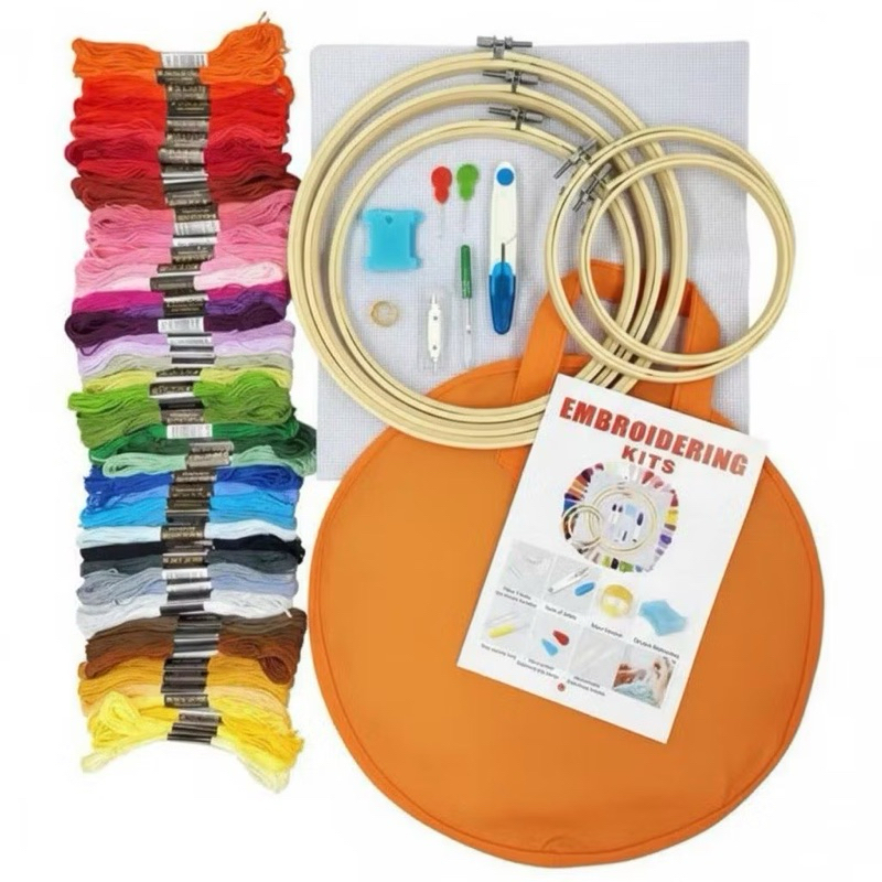 Kit Bordado Iniciante Ponto Cruz,50 Linhas Agulhas tesoura, 5 Bastidores Completos,25 agulhas,2 étamine 30x30