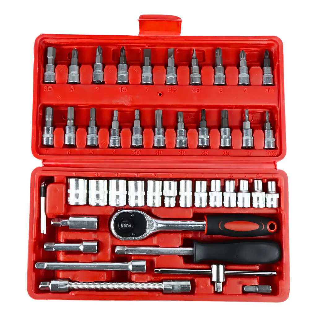 Kit De Ferramentas 46 Peças Jogo De Soquetes 1/4 Chave Catraca Reversível Maleta Completo Pressão em Oferta na Shopee