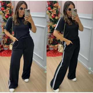 Conjunto Femenino Calça E Blusa Com Listras Laterais Casual confortável Look Versáteis Moletinho em Oferta na Shopee