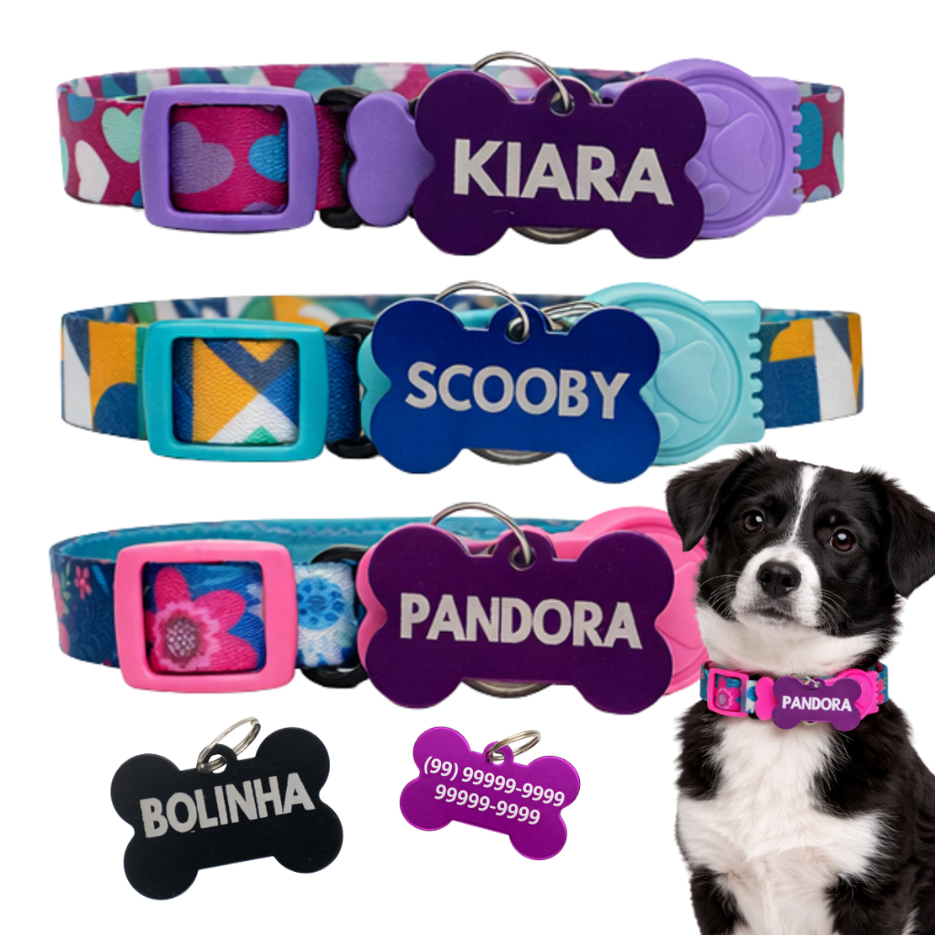Coleira De Cachorro Personalizada Tag e plaquinha de identificação nome e telefone gravado em Oferta na Shopee