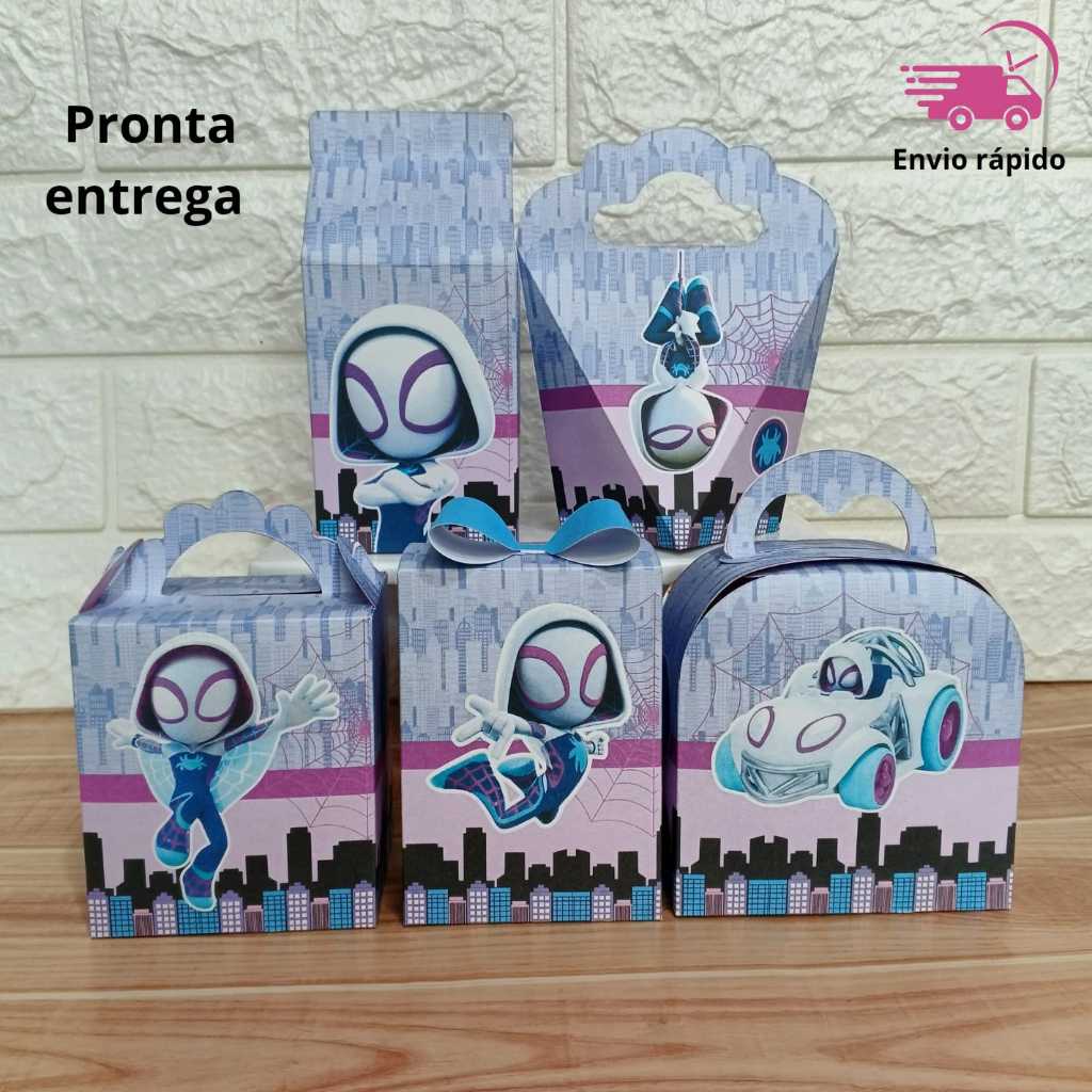ENVIO RÁPIDO - Kit Papelaria Caixas GHOST SPIDER MULHER ARANHA Lembrancinha Festa Personalizados DESMONTADO