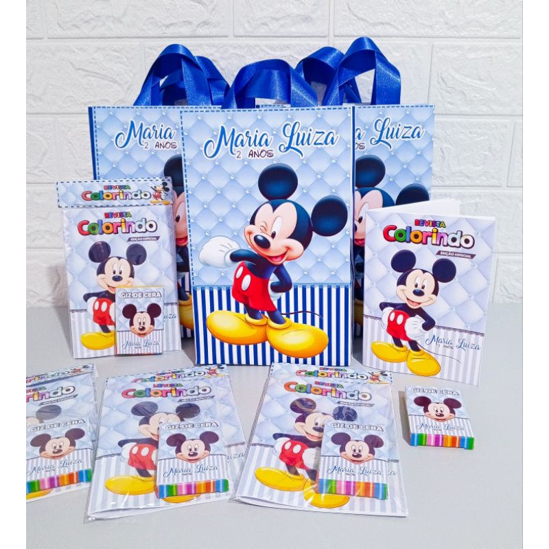 Kit 50 Itens: 25 Kit Colorir + 25 Sacolinhas Luxo,  Mickey Azul, Personalizado| Lembrancinhas Aniversário.
