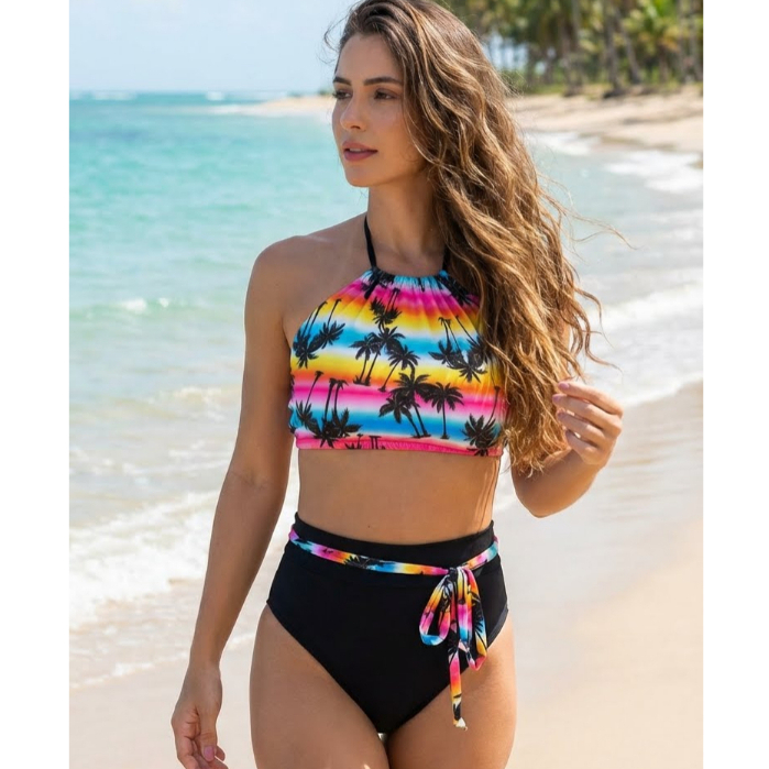 Biquíni feminino Cintura Alta  Calcinha HotPants de suplex Tecido Duplo/Top com Bojo/Conjunto moda Praia Verão premium