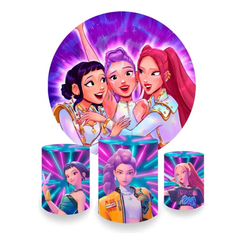Kit Painel de Festa Redondo com Trio de Capas Tecido Sublimado Guerreiras Kpop Huntrix em Oferta na Shopee