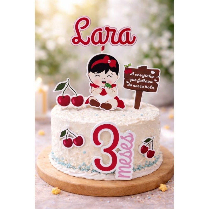 Topo de Bolo Personalizado Cerejinha Mesversário/Aniversário - Nome e Idade