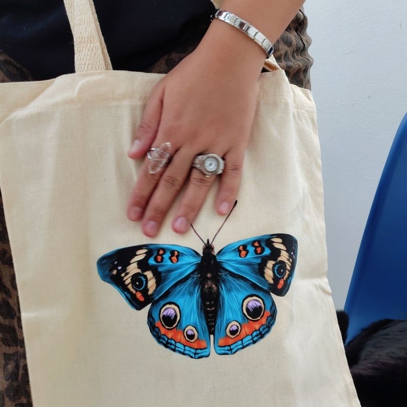 Bolsa Ecobag Personalizada Borboleta azul aesthetic - Algodão Cru Reforçado Praia Mercado Feira