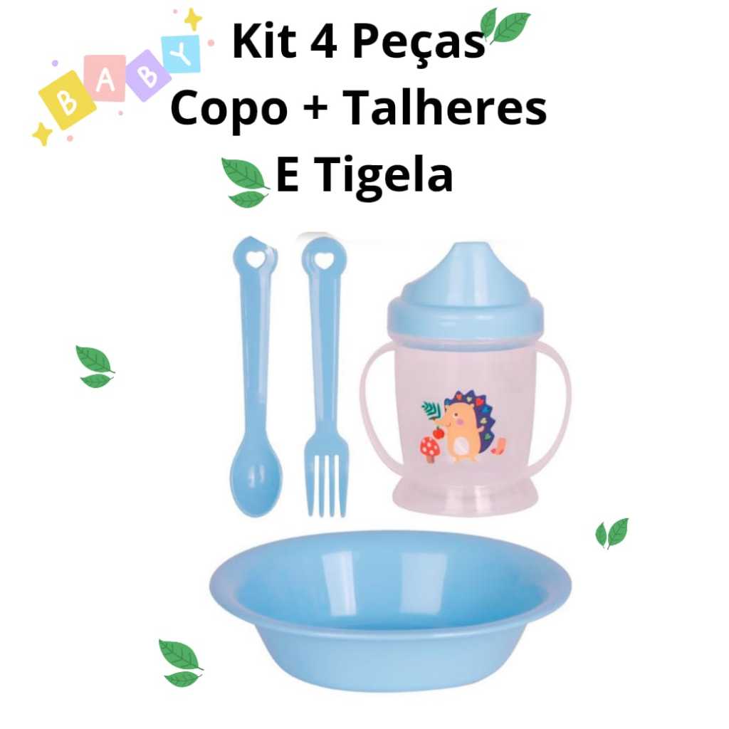 Kit 4 Peças Azul Alimentação Infantil Bebê Copo Colher Garfo Tigela Menino