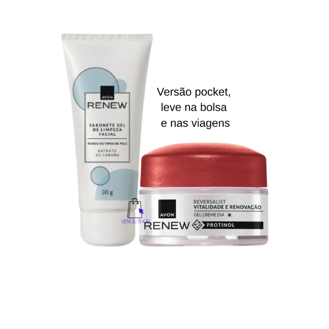 Kit Skincare Renew Mini Sabonete Gel de Limpeza Extrato de Carvão 30g + Gel Creme Reversalist 15g - Avon