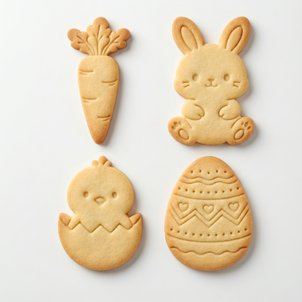 Kit 4 Cortador de Biscoito Molde Páscoa Coelho Ovo Cenoura Marcador Carimbo Cookie Massa Biscuit 7CM
