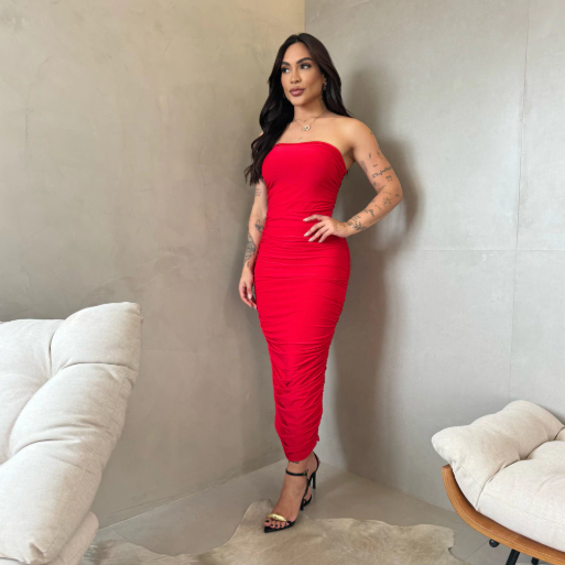 Vestido Feminino  MIDI Drapeado em Oferta na Shopee