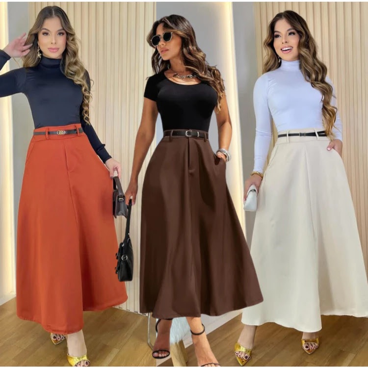 Saia Longa Feminina Alfaiataria Moda Evangélica Casual Básica Inverno Cintura Alta em Oferta na Shopee