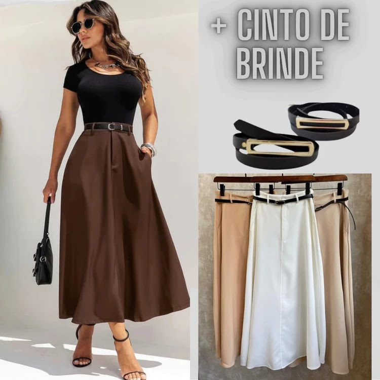 Saia Longa Alfaiataria Moda Evangélica Com Cinto Tendencia Cintura Alta