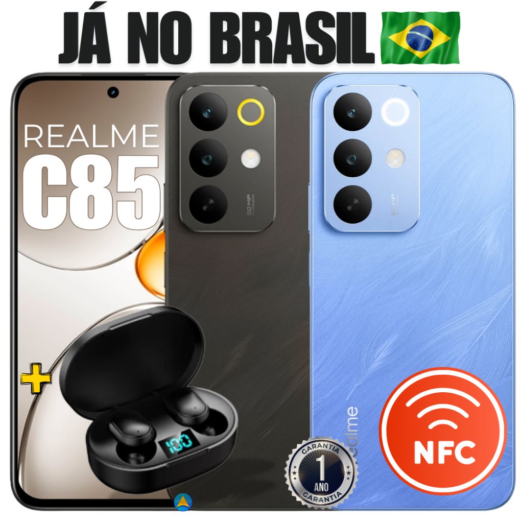 Celular Smartphone Realme C85 4G com NFC Dual SIM 256/8GB Ram OU 128/6GB Tela 6.8" + Fone de Cortesia