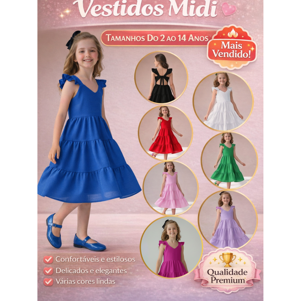Vestido infantil Menina com Amarração nas Costas en Tecido ''DUNA PREMIUM'' de 2 ao 14 Anos