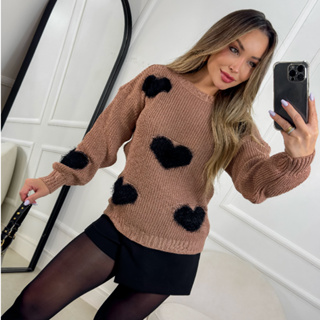 Blusa Feminina de Tricot Detalhe Coração de Pelinho Manga Longa de Frio Tricô Fang Moda Inverno em Oferta na Shopee