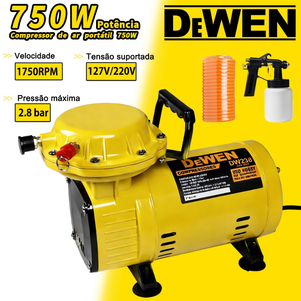 Compressor de Ar Portátil Ar Direto Profissional 750W 1/3CV 110V/220V Bivolt 2.8Bar com Acessórios