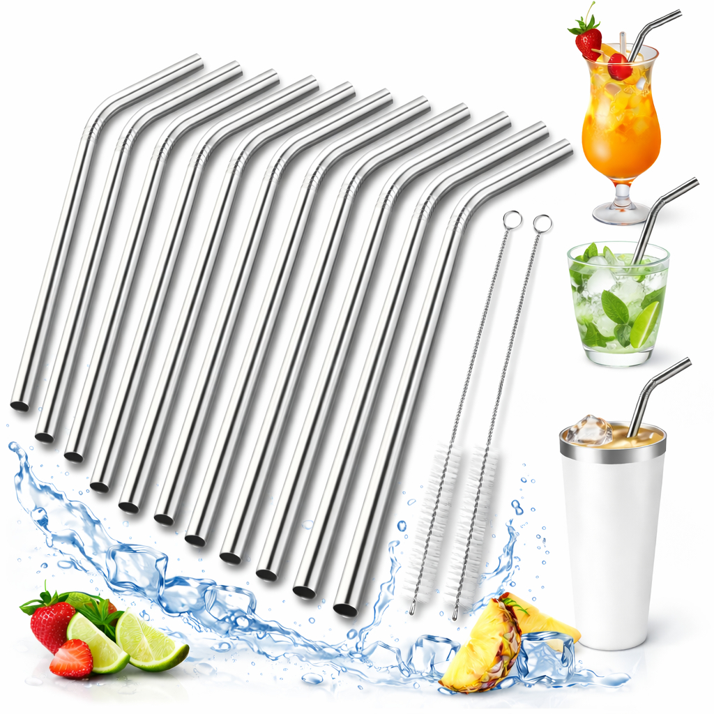 12 Canudos Inox Curvo com 03 Escovas Limpeza Reutilizáveis - ENVIO IMEDIATO em Oferta na Shopee