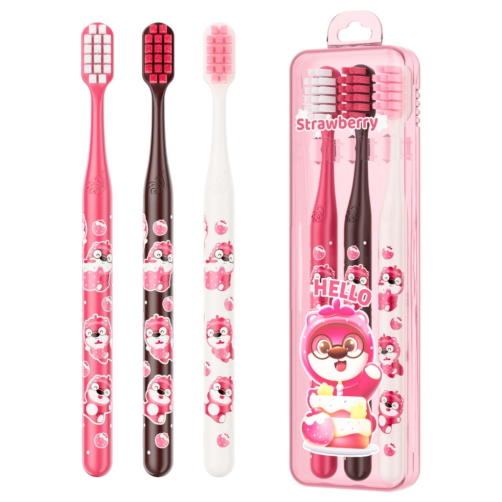 DR.BAEK Kit 3 Escovas de Dente Urso Morango, Cerdas 3D Macias, Cabo Antiderrapante, Estojo Viagem