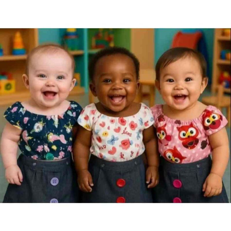 ✨ Conjunto Infantil Bebê Feminino – Blusinha Estampada + Saia Jeans ✨