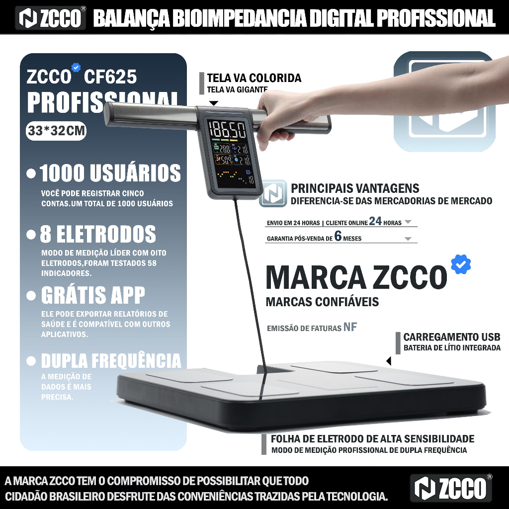【Novidade! Adicione à sacola 】ZCCO CF625 Bioimpedância Corporal Digital 8 Sensores Profissional Bodyscan