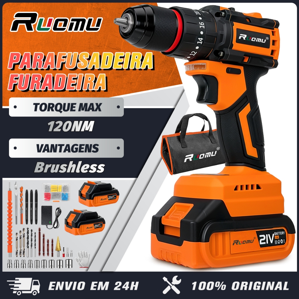 Parafusadeira Furadeira 120NM Impacto Sem Fio Recarregáveis Brushless 2 Baterias