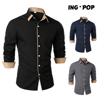 Camisa Masculina De Preto Manga Longa Cor Sólida Casual De Botão Acabamento Contrastante em Oferta na Shopee