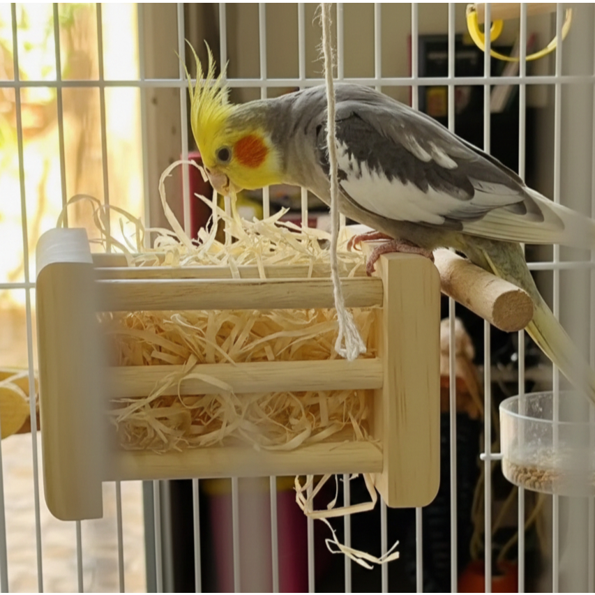 Puxa Palha Suspenso de Madeira Para Calopsitas, Periquitos, Agapornis e outras Aves para Gaiola