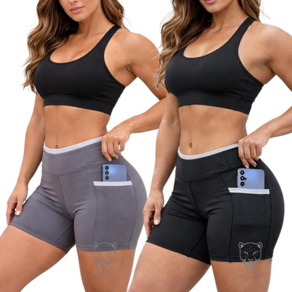 Kit 2 Shorts Line Cintura Alta Due Bolso Para Celular Roupa Academia Zero Transparência Grosso