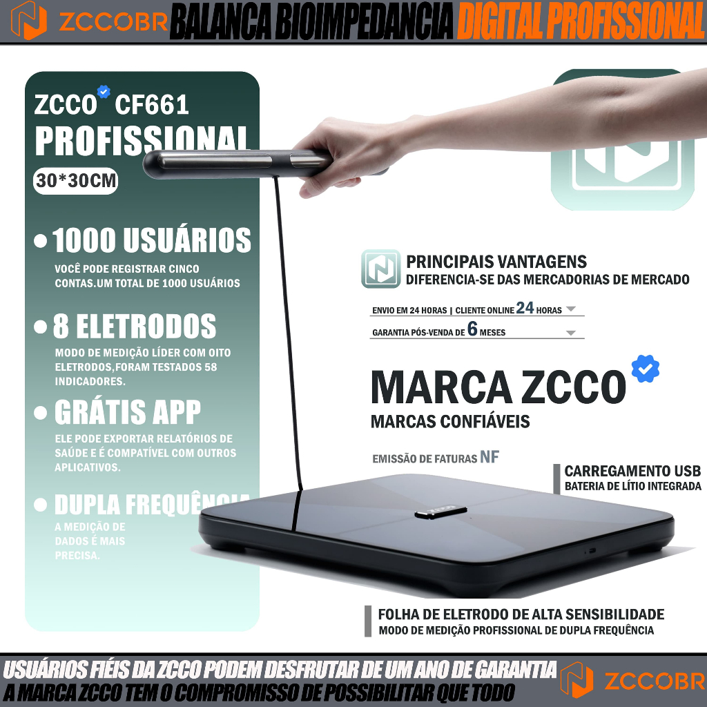 ZCCOB CF661 Bioimpedância Corporal Digital 8 Sensores Profissional Bodyscan Garantia 1 ano