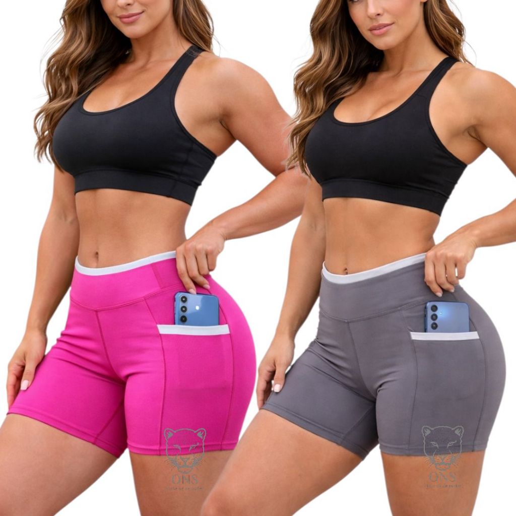 Kit 2 Shorts Feminino com Bolso para Celular Line Roupa Academia Zero Transparência Modelador