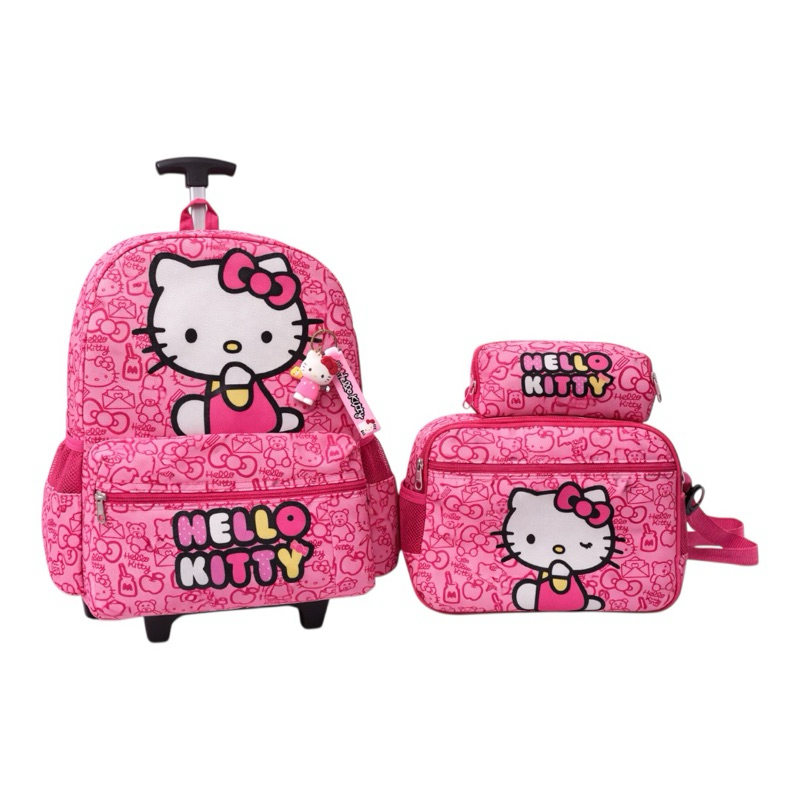 Kit Escolar Hello Kitty Mochila Semi Impermeável  Rodinha Tamanho Grande Lancheira Térmica e Estojo
