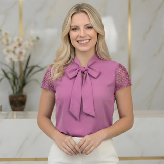 Blusa Feminina Elegante Gola Laço Moda Evangélica Manga Curta em Oferta na Shopee