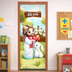 Capa de Porta Decorativa Páscoa Infantil Religioso 0,80x2,10m Tecido Sublimado com Elástico - PTA-32