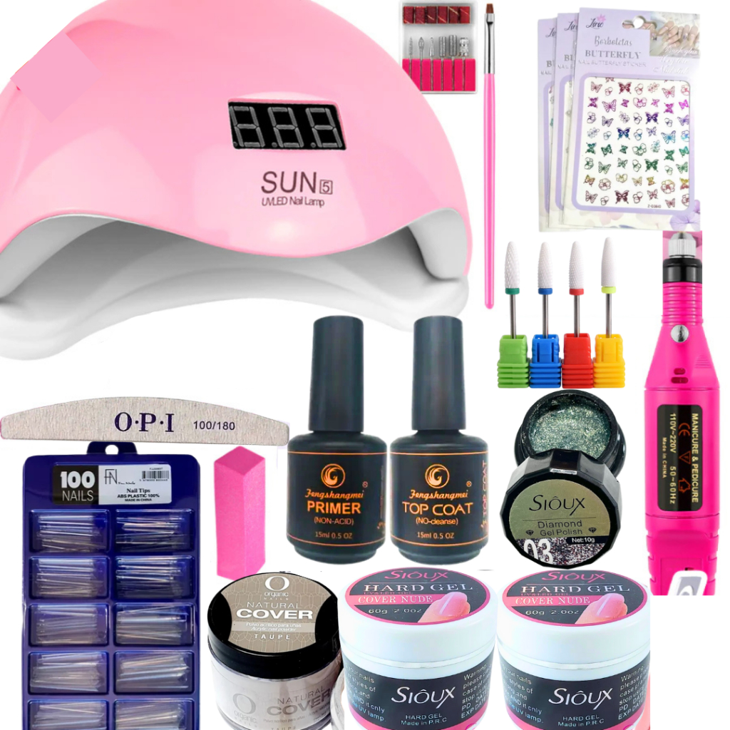 Kit Profissional Unhas Gel com Cabine Sun 5, Lixadeira Elétrica 20.000RPM e Acessórios Completos