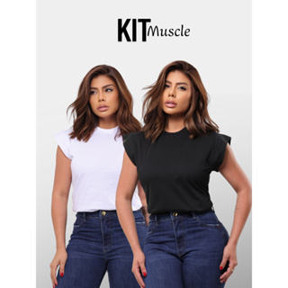Kit 2 Blusas Muscle Tee Feminina Camiseta Básica Lisa Moderna Elegante Casual Algodão em Oferta na Shopee