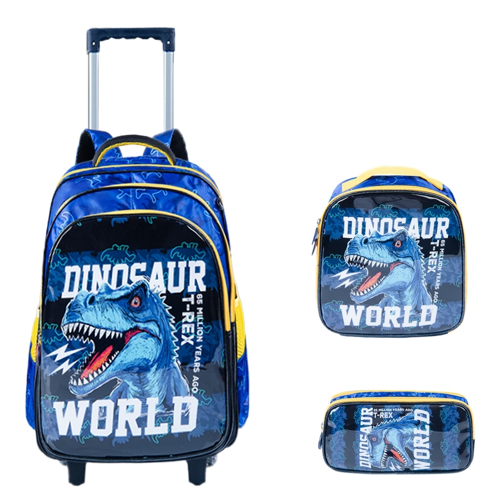 Mochila Escolar Rodinhas Menino 5 a 10 Anos Dinossauro Kit Com Lancheira Térmica Grande e Estojo Duplo Volta ás Aulas