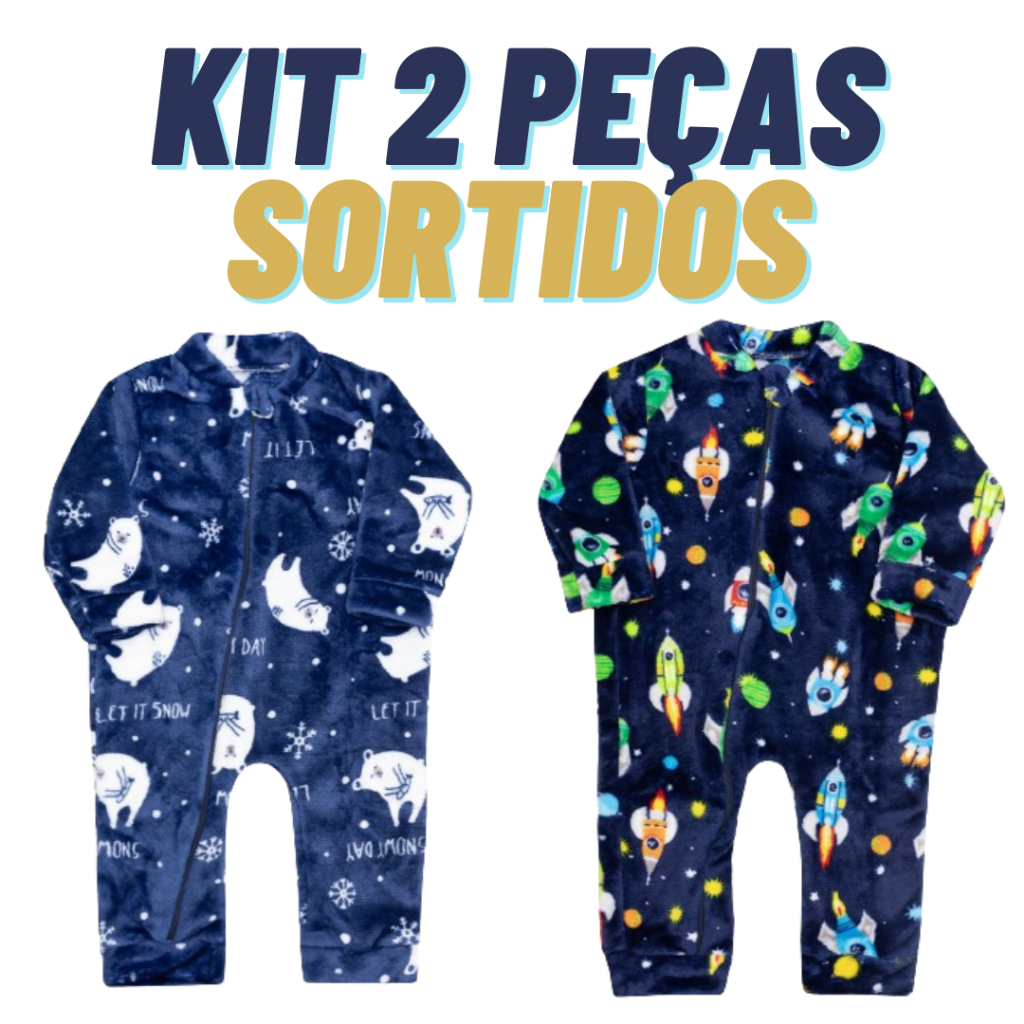 Kit 2 Macacão Bebê Inverno Fleece Estampados Sortido Roupas Para Menino ou Menina