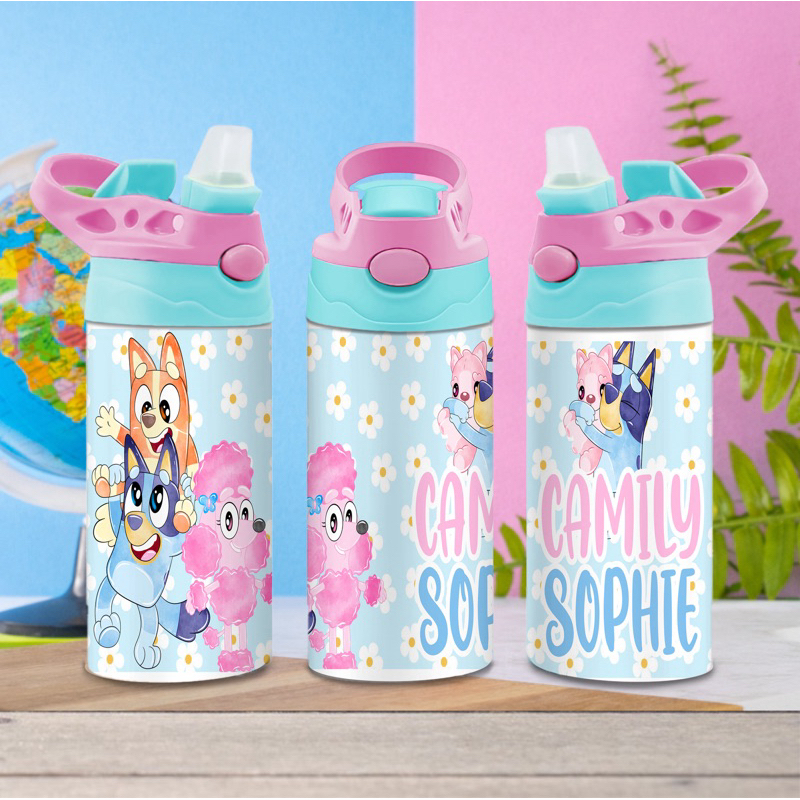 Garrafa Squeeze de alumínio personalizado com seu nome - volta as aulas Bluey e Bingo