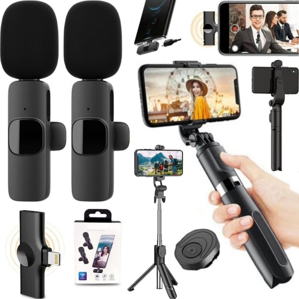 Kit Bastão Tripé + 2 Microfone Lapela Sem Fio Iphone Lightning Filmagem Gravação Vídeo