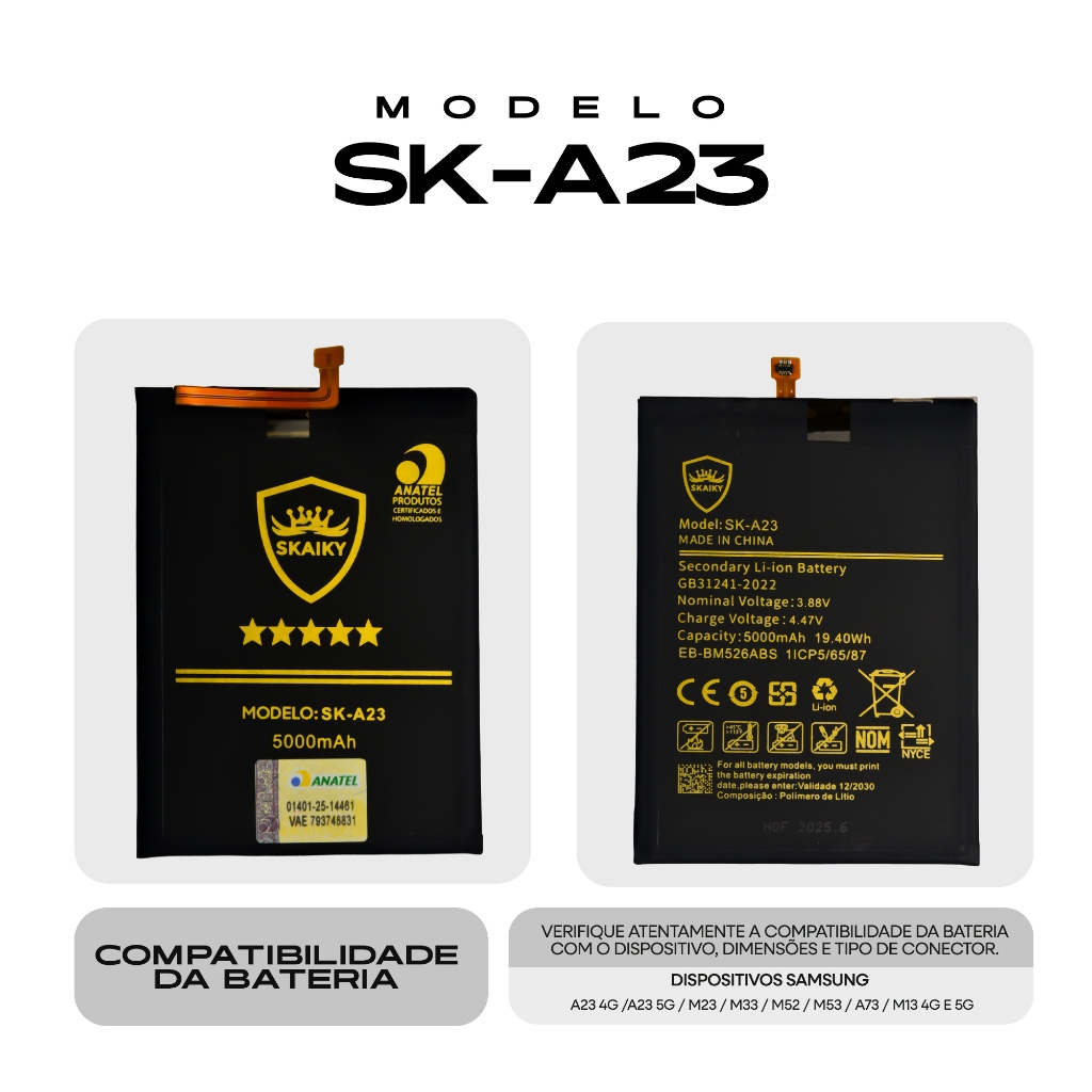 Bateria Oficial Skaiky A23 Compatível Com SAMSUNG A23 4G /A23 5G / M23 / M33 / M52 / M53 / A73 / M13 4G E 5G