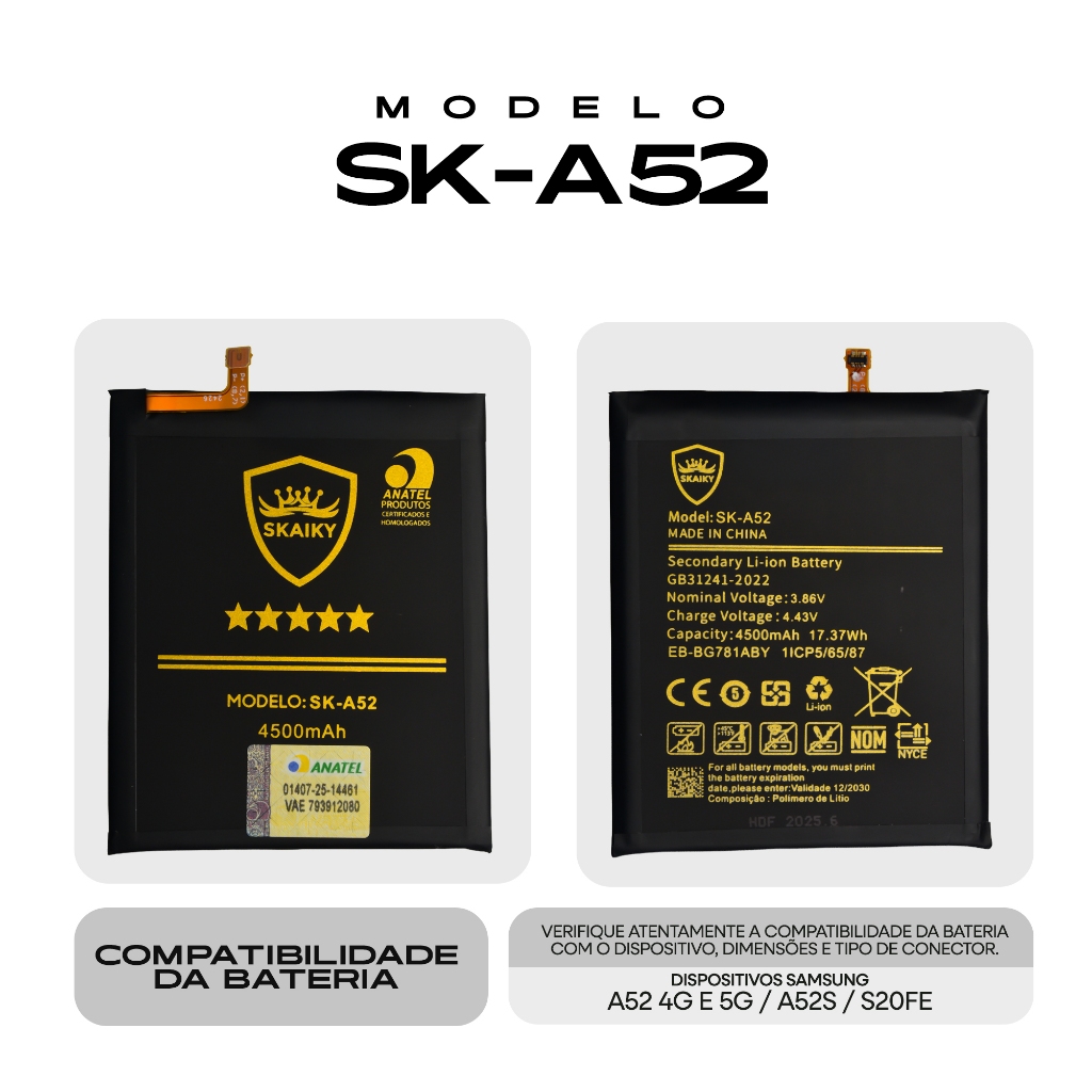 Bateria Oficial Skaiky A52 Compatível Com SAMSUNG A52 4G E 5G / A52S / S20FE