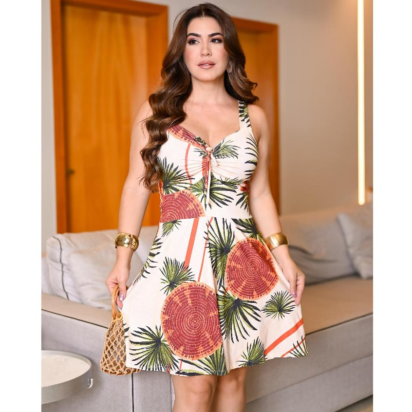 Vestido Feminino Estampado Rodado De Alcinha com Bojo Detalhe Frente Soltinho Dia Dia Verão Festa