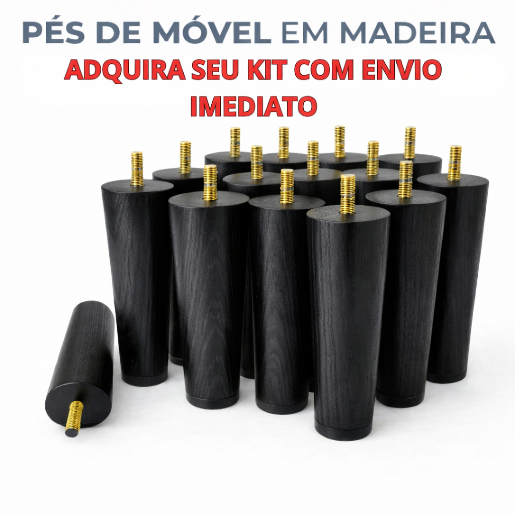Kit Pés 12cm para Cama Box Pezinho de Madeira Maciça Casal Solteiro Queen e King - Cor Preto - ENVIO IMEDIATO